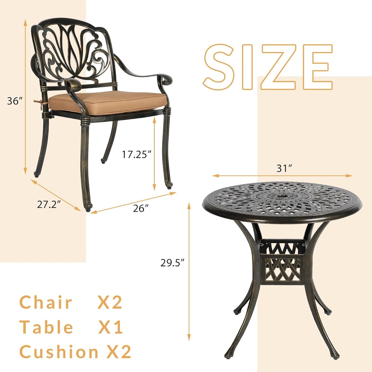 3-Piece Outdoor Patio Dining Set, All-Weather Cast Aluminum Patio Furniture Set for Backyard Garden Deck with 2 Cushioned Chairs and 31” Round Table, 2" Umbrella Hole