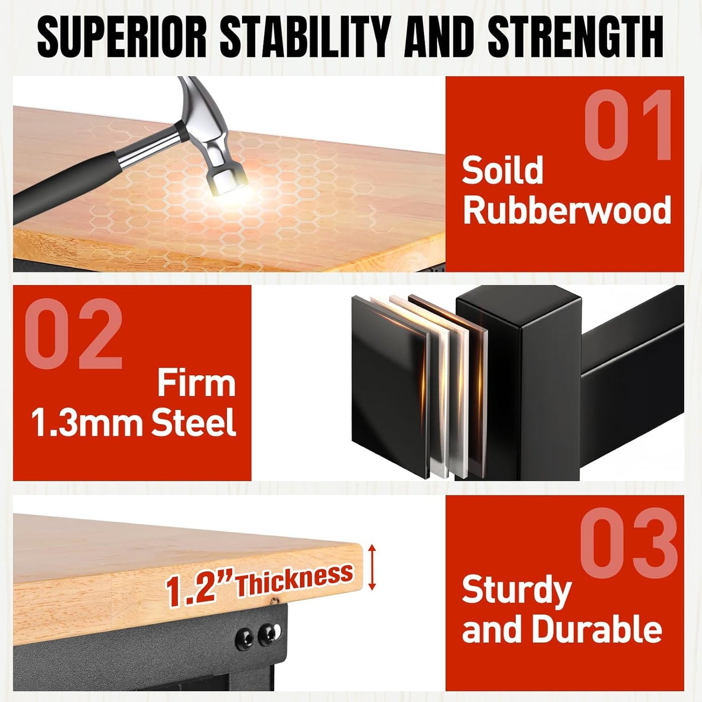 Height Adjustable Workbench with Wheels 60”×22” Heavy Duty Work Table 2000 LBS Capacity Rolling Work Table Rubber Wood Work Station with Power Outlet & Pegboard for Garage, Office, Workshop, Home