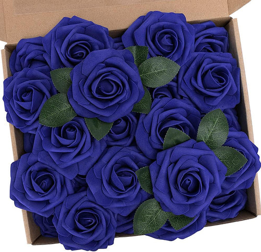 N&T NIETING Artificial Flowers, Royal Blue Fake Flowers Roses with Stems for DIY Wedding Bridal Bouquets Centerpieces Bridal Shower Party Home Flower Arrangement Decorations, 25Pcs