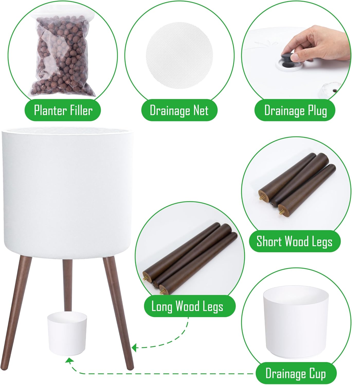 D'vine Dev 16 Inch Planter Pot with Stand, Mid-Century Tall Plant Pot with Legs for Indoor Plants, XX-Large, White, 88-O-E-1