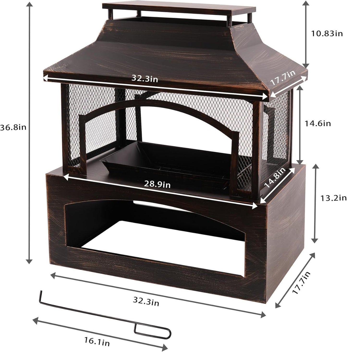 Bestier 37" Fire Pits, Wood Burning Fireplace for Outside Rectangular Chiminea Outdoor Firepits with Poker, Wood Storage, Rain Cover and Removable Fire Grill for Patio, Garden, Backyard, Camping