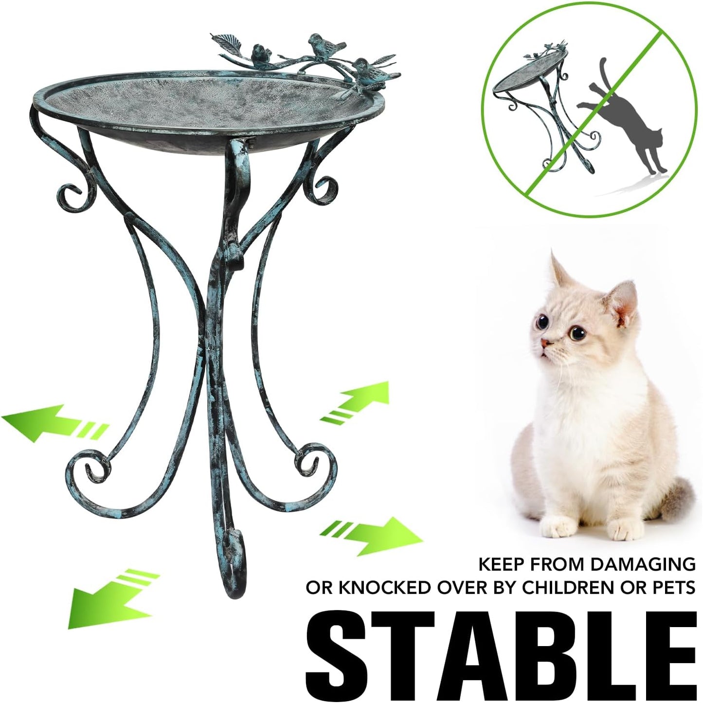 Solution4Patio 16.7" Metal Bird Bath with Perch - Rust-Resistant Outdoor Garden Decor, Shallow Wide Bowl & Foldable Stand for Birds/Plants