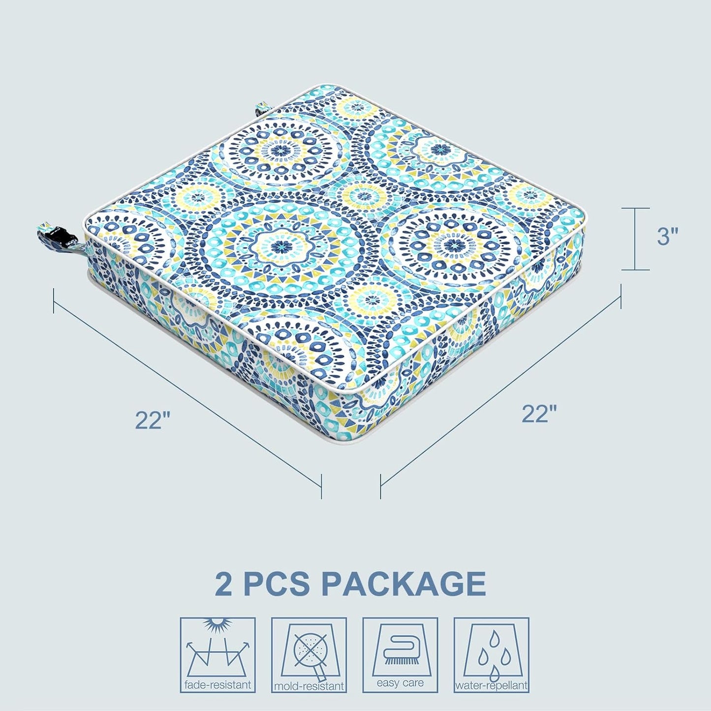 LVTXIII Patio Chair Cushions 22"x22"x3", Water-Repellent Outdoor Seat Cushions for Patio Furniture, Square Chair Pads with Ties for Home Garden Decoration, Set of 2, Delancey Lagoon