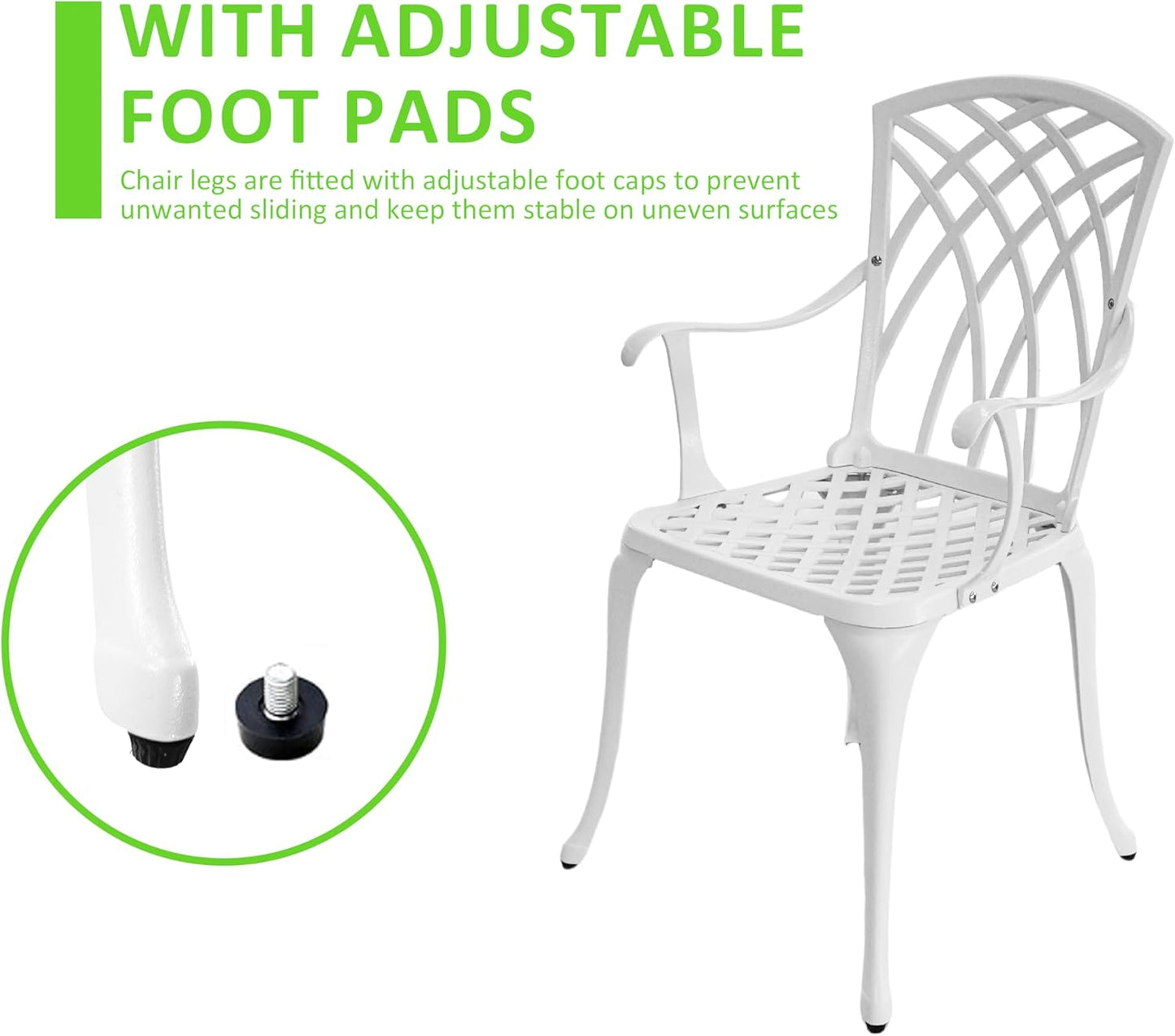 White Bistro Table and Chairs Set of 2, Cast Aluminum White Bistro Set Outdoor, Patio Bistro Sets with Umbrella Hole, Round Back Yard Set for Porch Balcony Garden