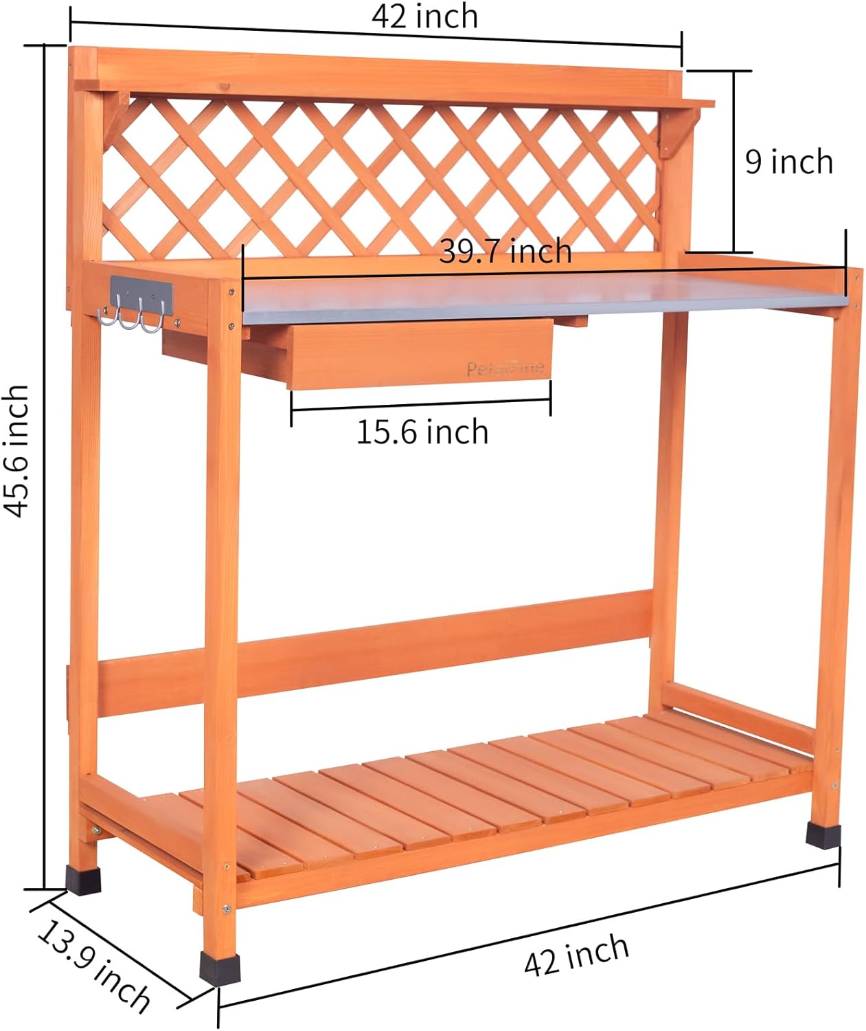 Outdoor Potting Bench & Wooden Gardening Work Station Planting Table with Metal Tabletop, Drawer, Storage, and Hooks