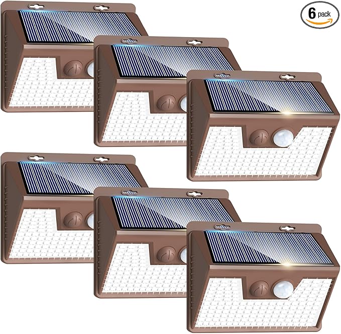 Peasur Solar Lights Outdoor Motion Sensor [6 Pack/140LED/Brown], Ultra-Bright 3 Mode Fence Security Light Waterproof, Solar Wall Lighting for Patio Yard Step House Outside