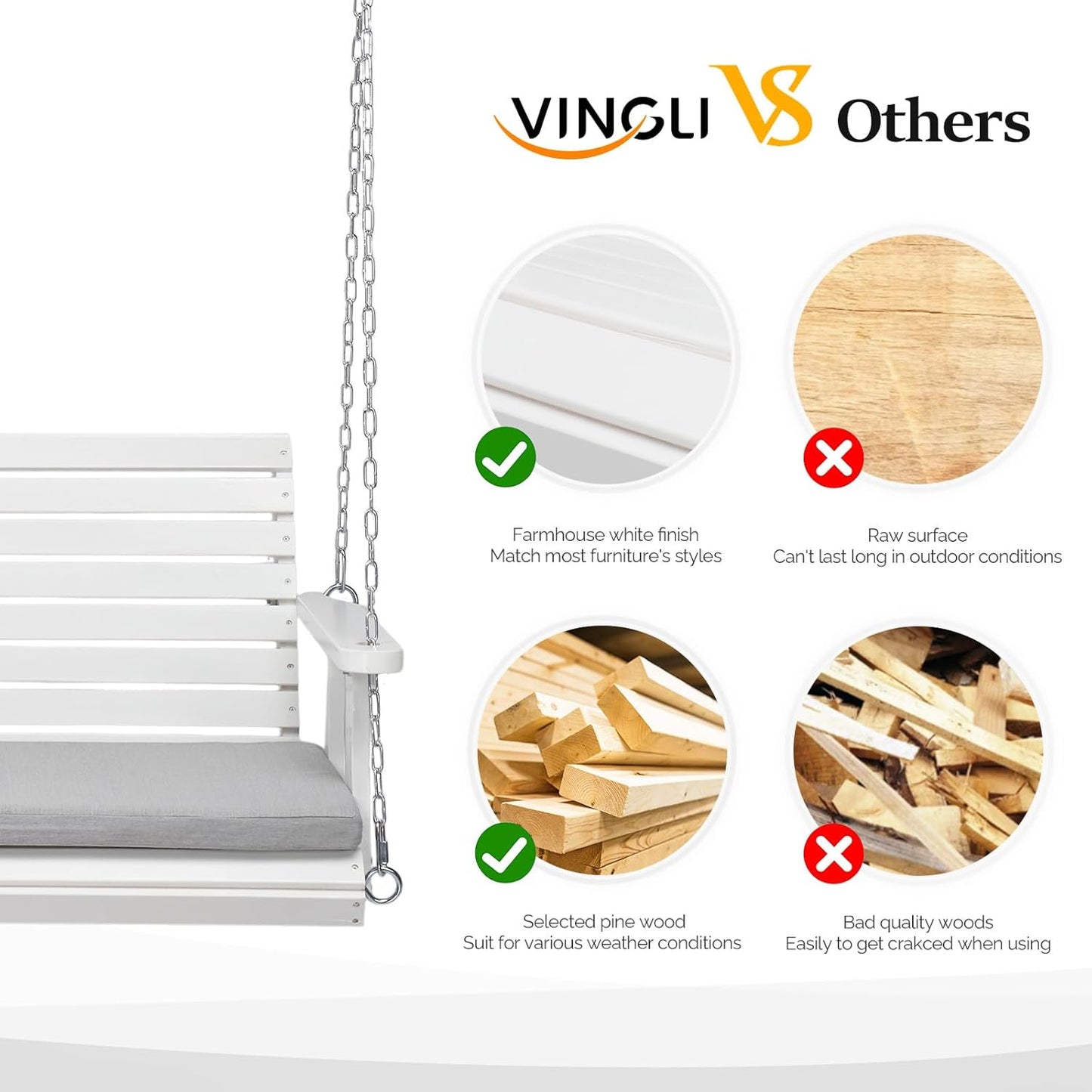 VINGLI Heavy Duty 880 LBS Patio Wooden Porch Swing Outdoor with Extra Cushion, Farmhouse Hanging Bench Tree Swing with Adjustable Chains for Yard | Garden | Lawn | Balcony (5 FT, White)