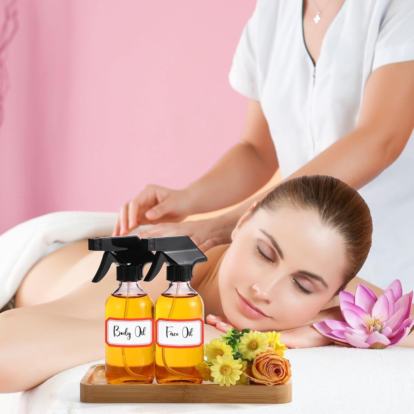 Norme 12 Pcs 8 oz Glass Spray Bottles with Funnels and Labels Refillable Cosmetic Empty Spray Bottles with Sprayer Containers for Essential Oil Cleaning Solutions(Pink,Classic)