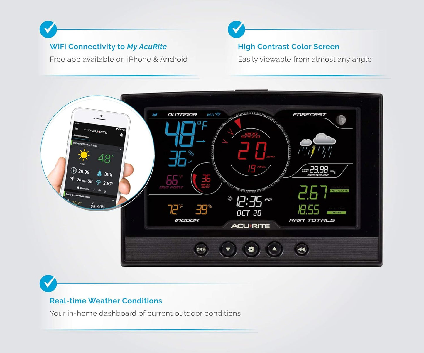 AcuRite Iris (5-in-1) Home Weather Station with Direct-to-Wi-Fi Wireless Display and Alerts for Remote Monitoring Indoor/Outdoor Temperature and Humidity with Wind Speed/Direction (01544M)