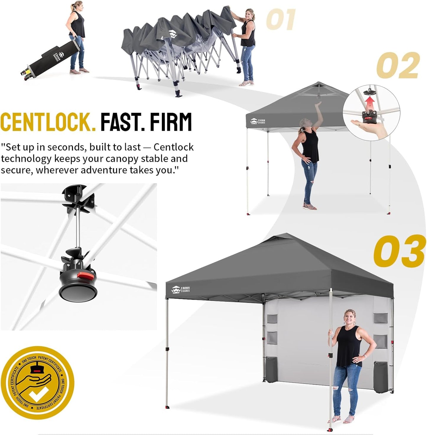 CROWN SHADES Canopy Tent 10x10 Pop Up Canopy Outdoor Shade with Pockets Sidewall, Easy Up Sun Shelter with One Person Set Up Center Lock, Portable Instant Camping Beach Canopy Tents, Grey