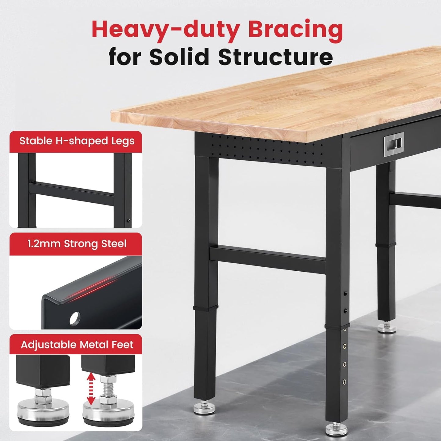 Work Bench with Drawers Adjustable Workbenches for Garage 60 Inch Rubber Wood Top Garage Workbench with Pegboard,Power Outlets for Woodworking, Home, Office, Workshop