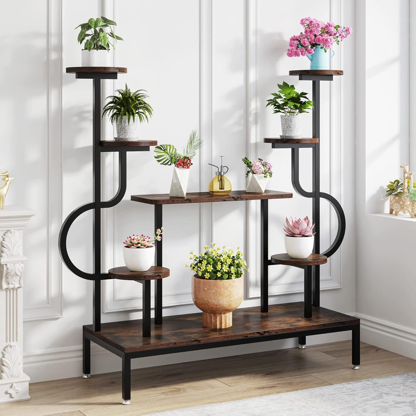 Tribesigns 8-Tier Metal Plant Stand, Large Tall Plant Shelf for Multiple Plants, Round & Square Boards, Wood Indoor Ladder Holder Flower Rack for Living Room, Patio, Balcony (Rustic Brown & Black)