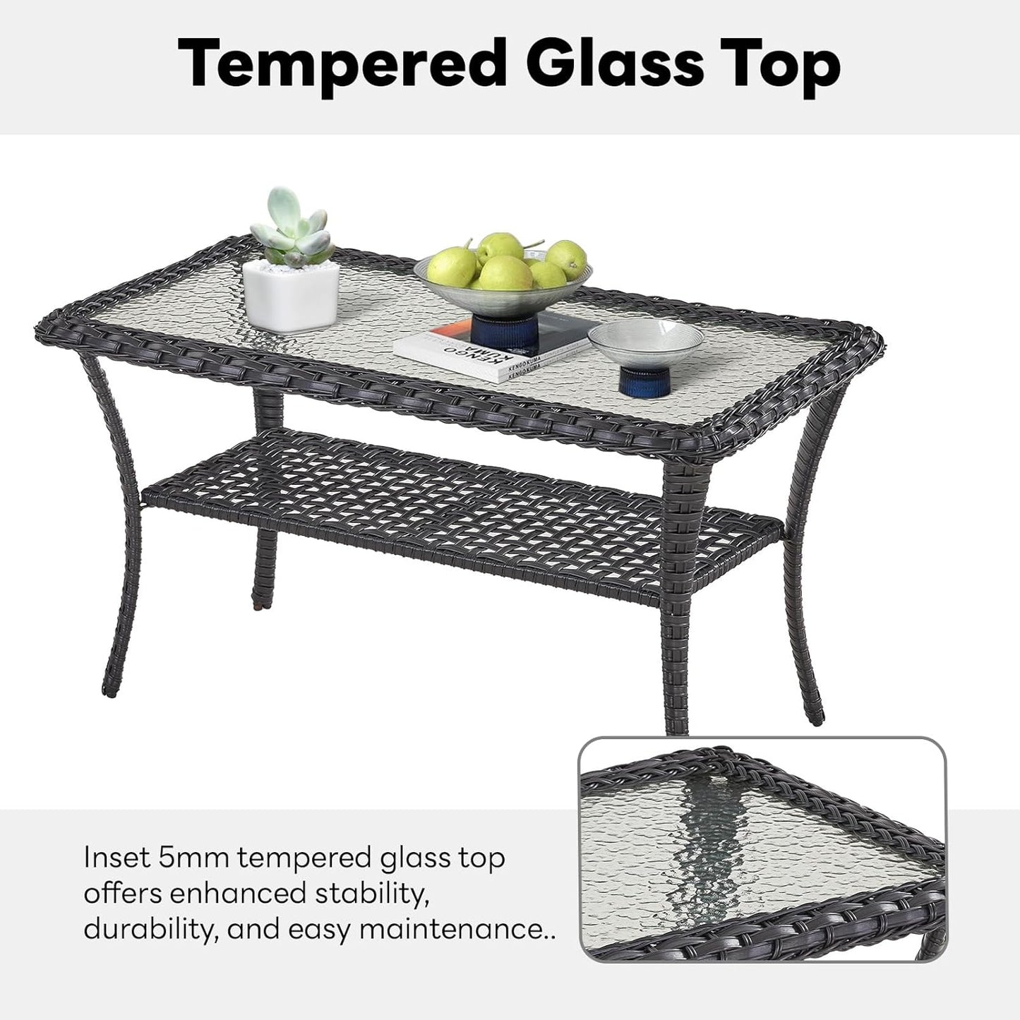 38 Inch Outdoor Coffee Table with 2 Tier Storage - Wicker Coffee Table with Water Ripple Texture Tempered Glass Top, All Weather Patio Coffee Table for Deck Porch Balcony Garden Black