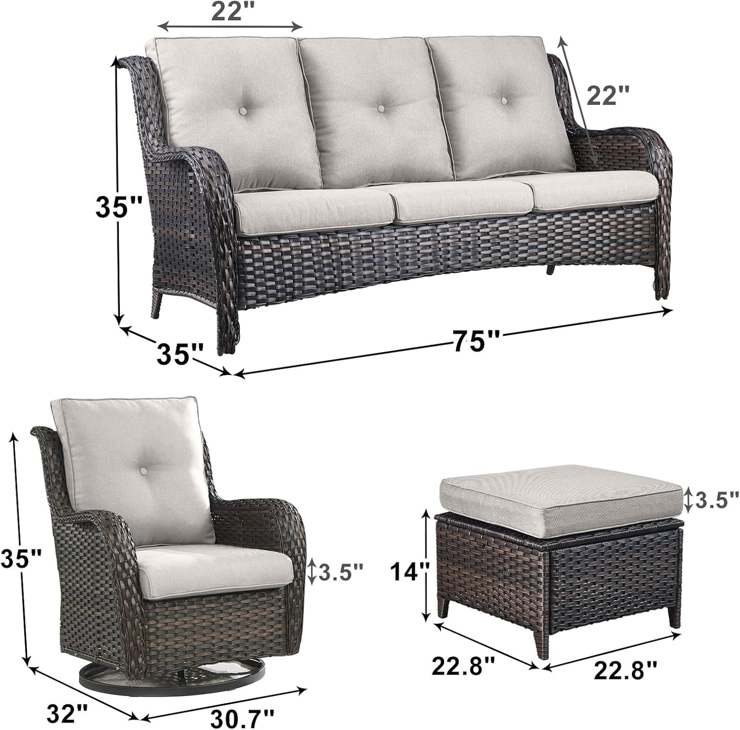 Outdoor Wicker Patio Furniture Set - 5 Piece Rattan Patio Conversation Set with 2 Rocking Swivel Chairs,2 Ottomans and 1 Sofa for Porch Deck Backyard Garden(Brown/Beige)