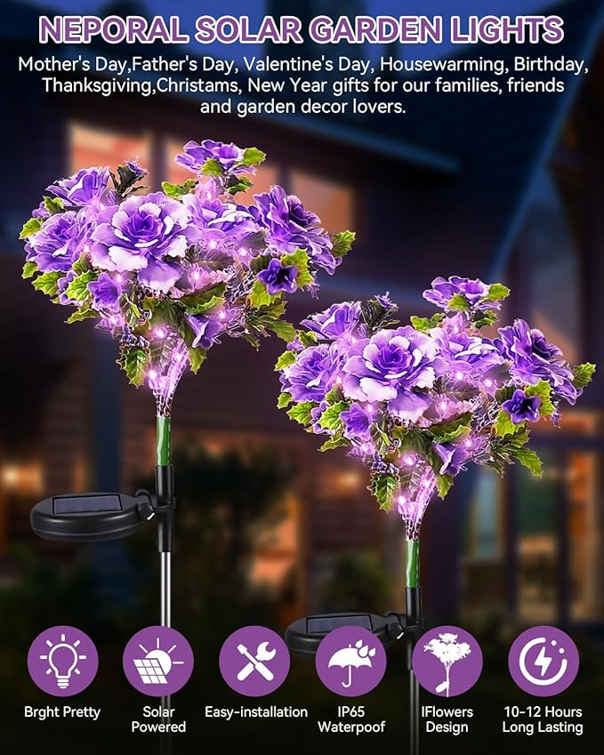 Neporal Solar Flowers Outdoor Waterproof IP65, 7-Stems Purple Carnation Solar Lights Outdoor Garden Decorative, Bigger Panel for Outdoor Garden, Yard, Patio, Outdoor Decoration, 6PK