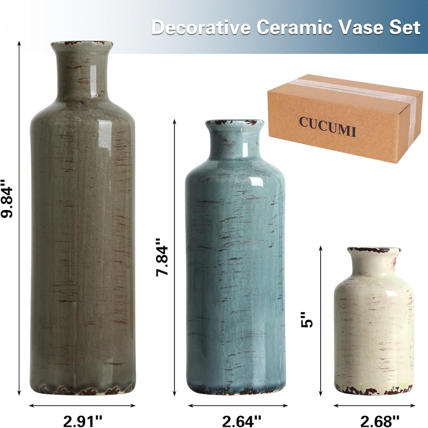 CUCUMI Ceramic Flower Vases Set of 3, Rustic Coastal Home Decor for Farmhouse Shelves, Ocean Beach Style, Mantle, Fireplace, Coffee Table, Shelf for Living Room