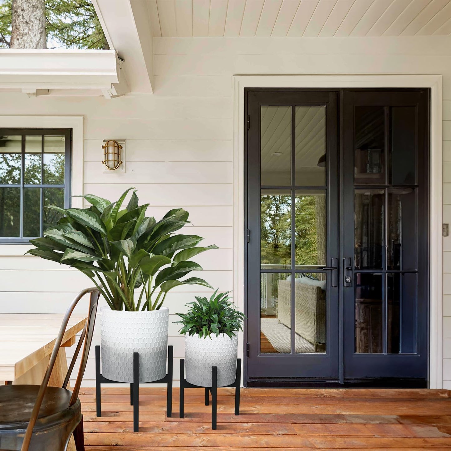 10 & 12 Inches Planters with Metal Sand for Indoor Plants Set of 2,Decorative Plant Pots with Holder, Outdoor Flower Pots with Legs, Modern Garden Pot with Drainage Holes for Snake Plant, House plants