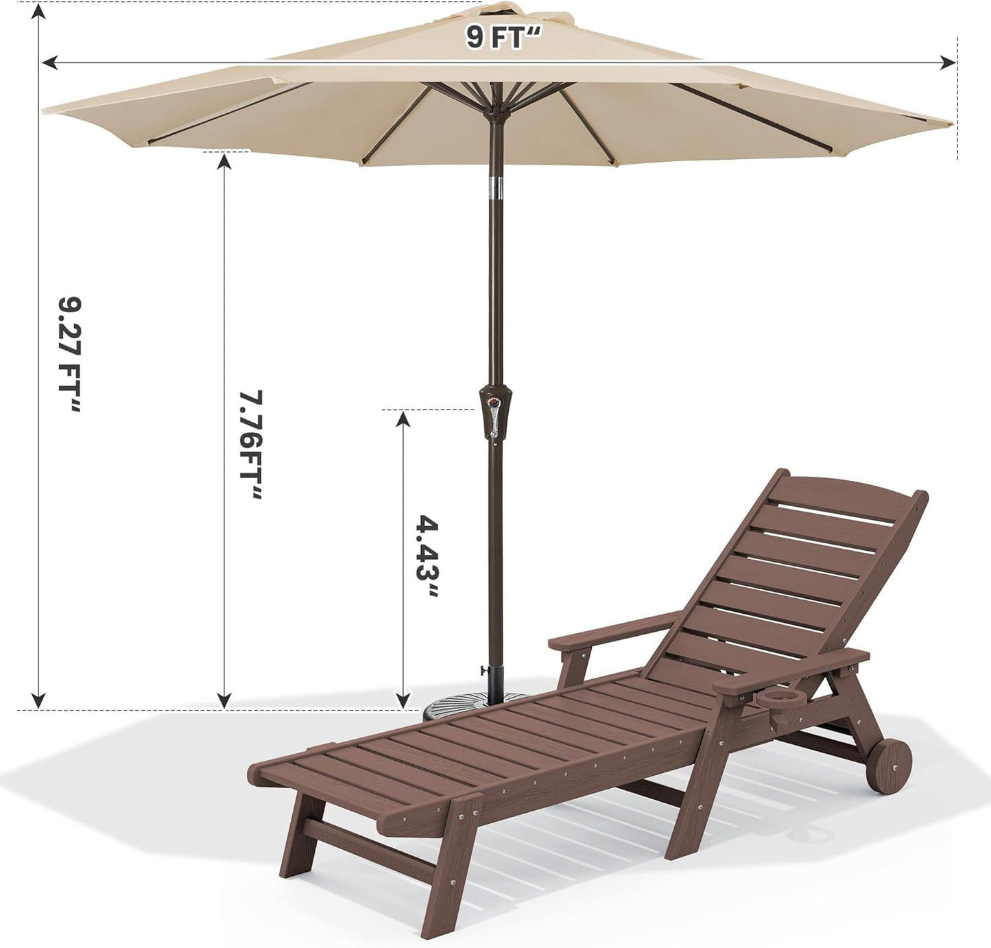 SERWALL Patio Chaise Lounge Chair Set of 2 with 9FT Patio Umbrella, 78'' HDPE Outdoor Lounger, Poly Lounge Chair with Rolling Wheels & Cup Holder for Pool,Coffee Brown (Umbrella Base not Included)
