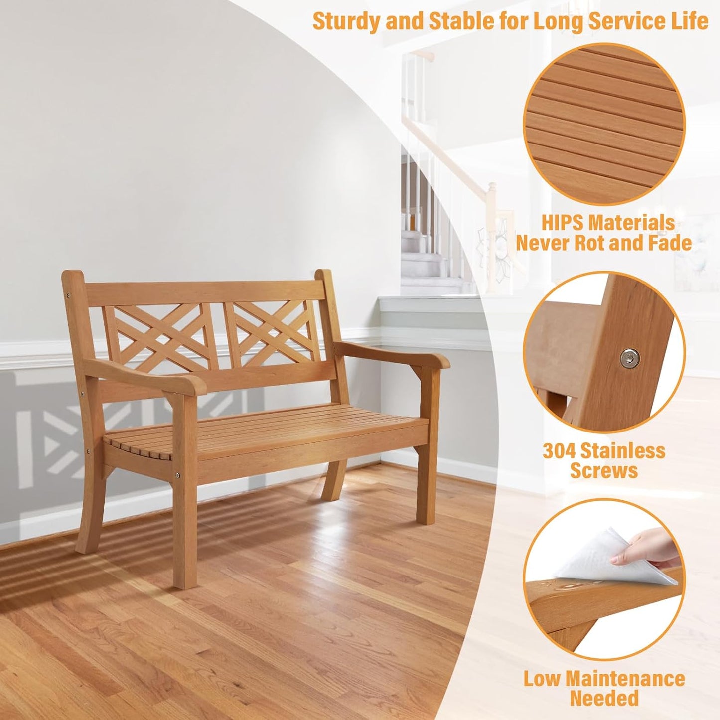 Psilvam 49''W All-Weather Poly Lumber Outdoor Bench – Grey, 2-Person Garden Bench with Decorative Backrest & Curved Armrests, Anti-Fade Patio Bench for Porch, Backyard, and Park(Teak Color)