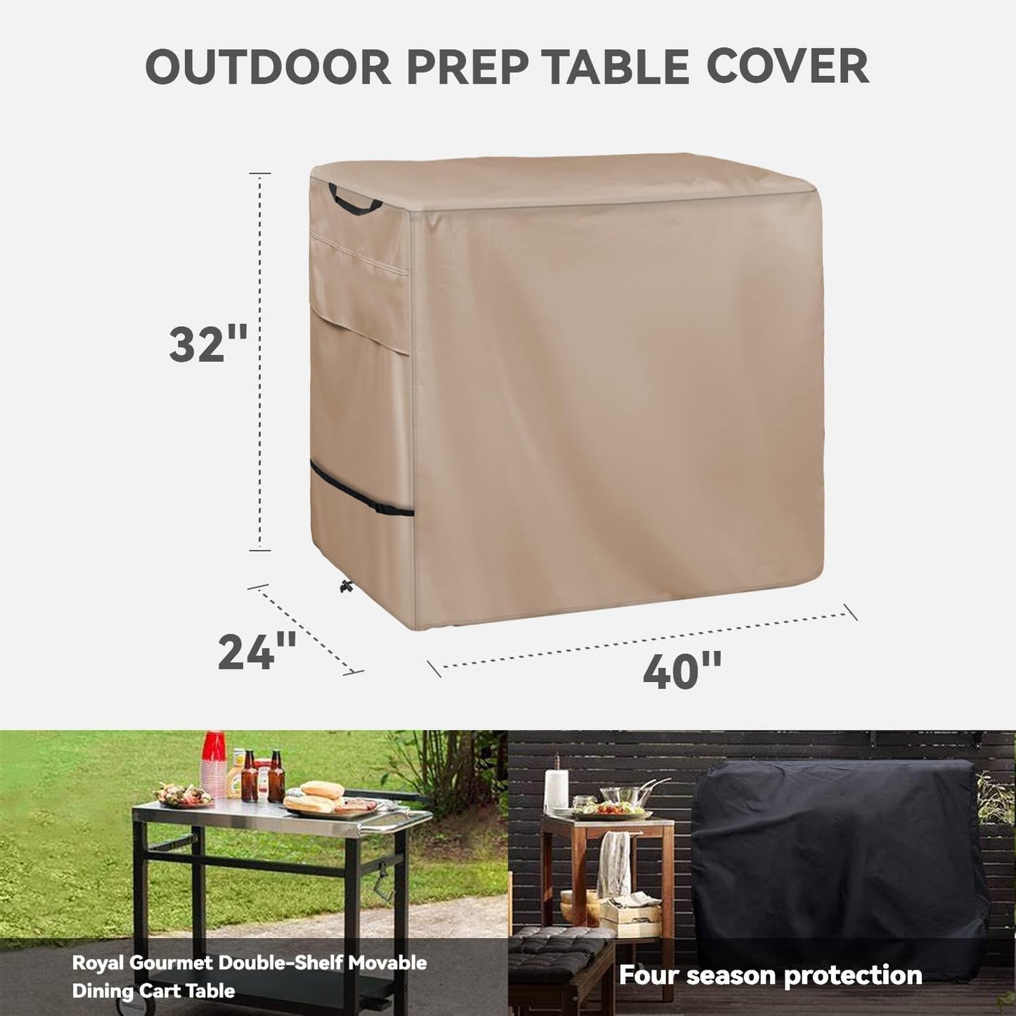 Outdoor Dining Cart Cover - Heavy Duty Waterproof Cover for Royal Gourmet Cart Flattop Worktable PC3401S & PC3401B, Compatible with 40 inch Outdoor Utility Cart,Khaki