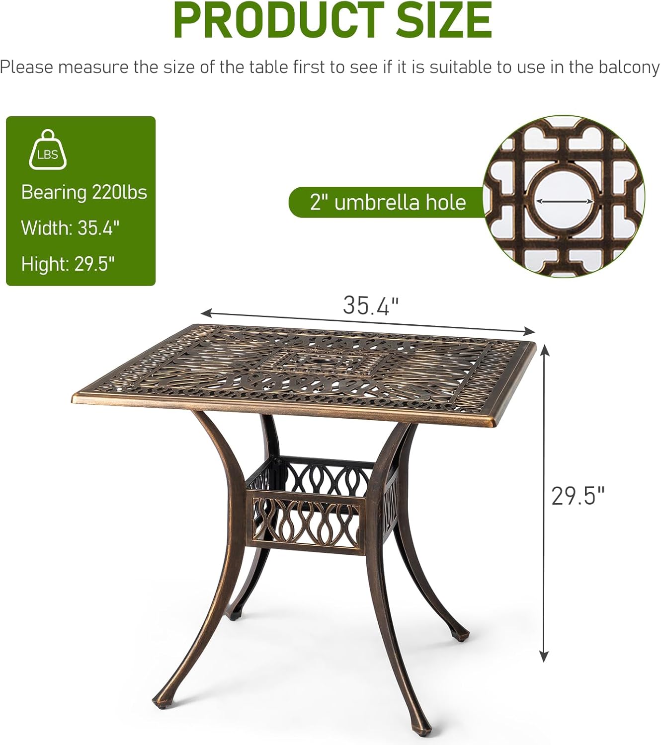 Outvita Patio Side Table, 35.4in Outdoor Square Cast Aluminum Bistro Table with Umbrella Hole and Antique Design for Backyard Porch Pool Balcony Deck Bronze