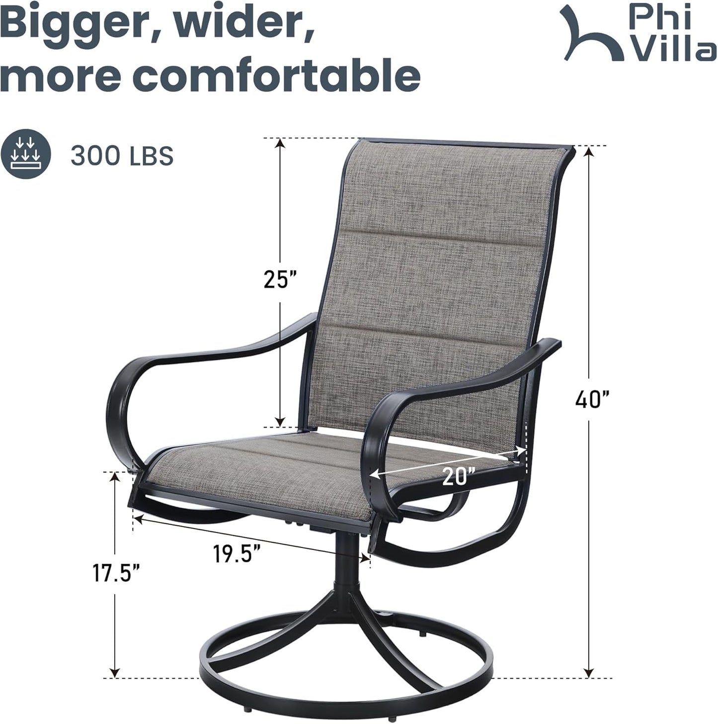 PHI VILLA Outdoor Swivel Patio Dining Chairs Set of 2, All Weather Patio Chair with Padded Textilene & Metal Frame for Outdoor Poolside Lawn Garden, Brown