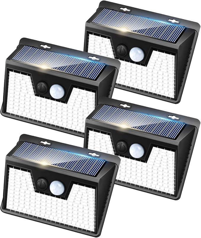 Peasur Solar Lights Outdoor Waterproof, 4 Pack 140LED Motion Sensor Light, 3 Modes Solar Powered Fence Security Lights for Patio Step Deck House Outside(Cool White)