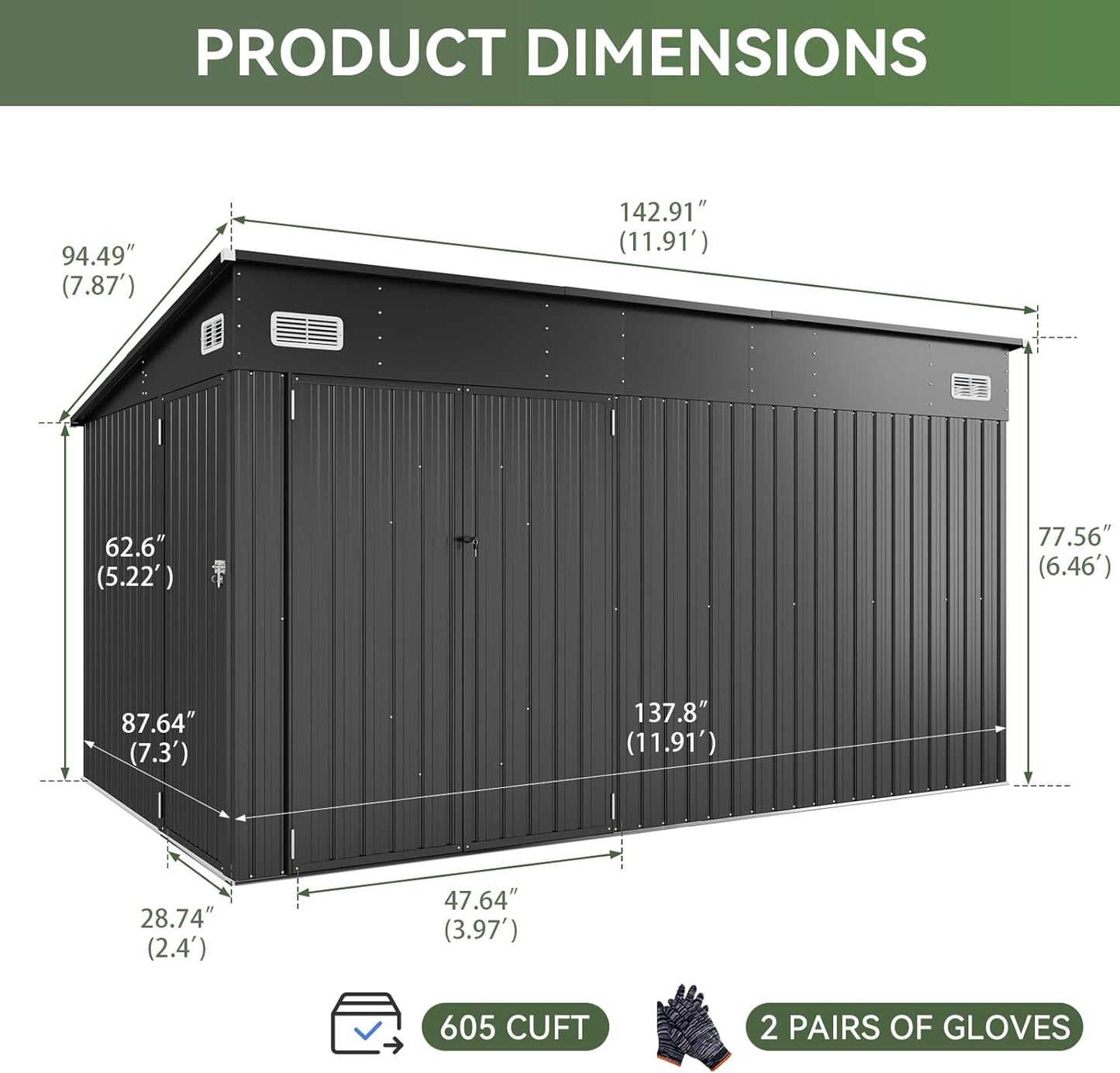 Aoxun 12' x 7.3' Shed 441 CU.FT Outdoor Waterproof Storage Shed with Triple Lockable Door Garden Metal Tool Shed for Outside (Black)