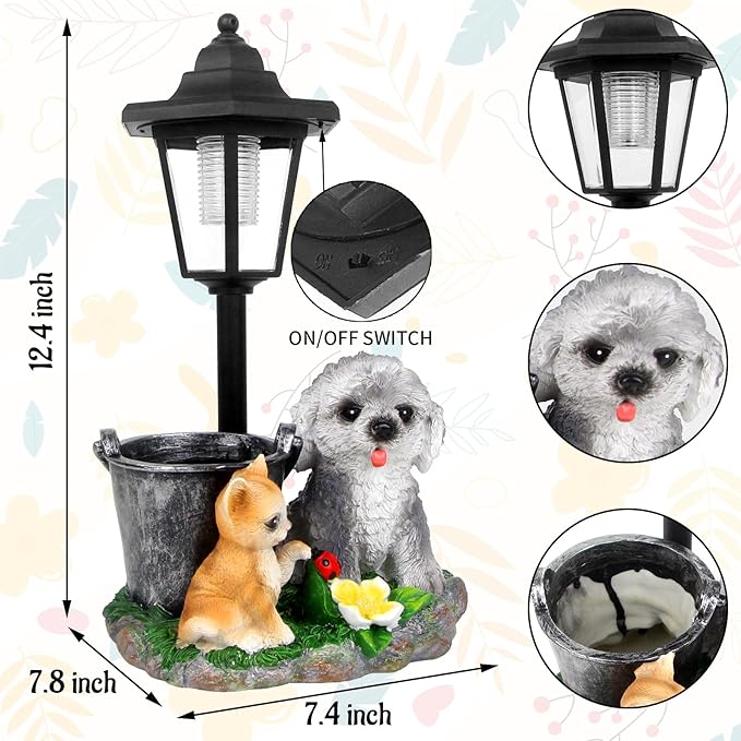 Garden Dog Statue,Resin Teddy & Cat Figurine with Solar LED Light,Flower Pots Planters Pots for Succulent,Outdoor Sculpture for Patio Balcony Yard Lawn Decor,Unique Gift for Dad Mom Grandma