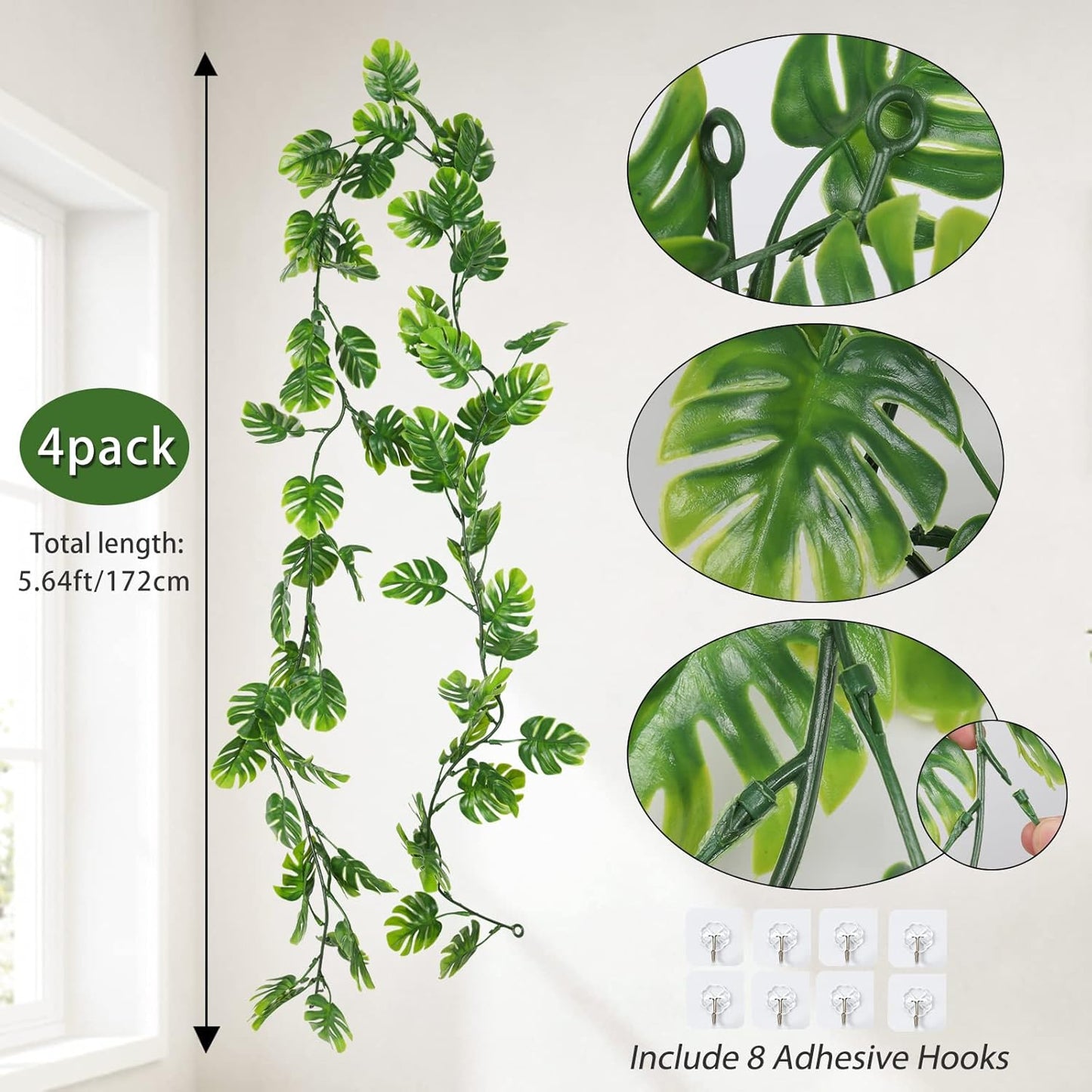 RECUTMS 4Pcs Artificial Monstera Leaves Vines, 5.9FT Fake Hanging Plant Ivy Faux Tropical Palm Leaf Greenery Garland for Garden Porch Patio Jungle Luau Beach Birthday Party Indoor Outdoor Spring Décor