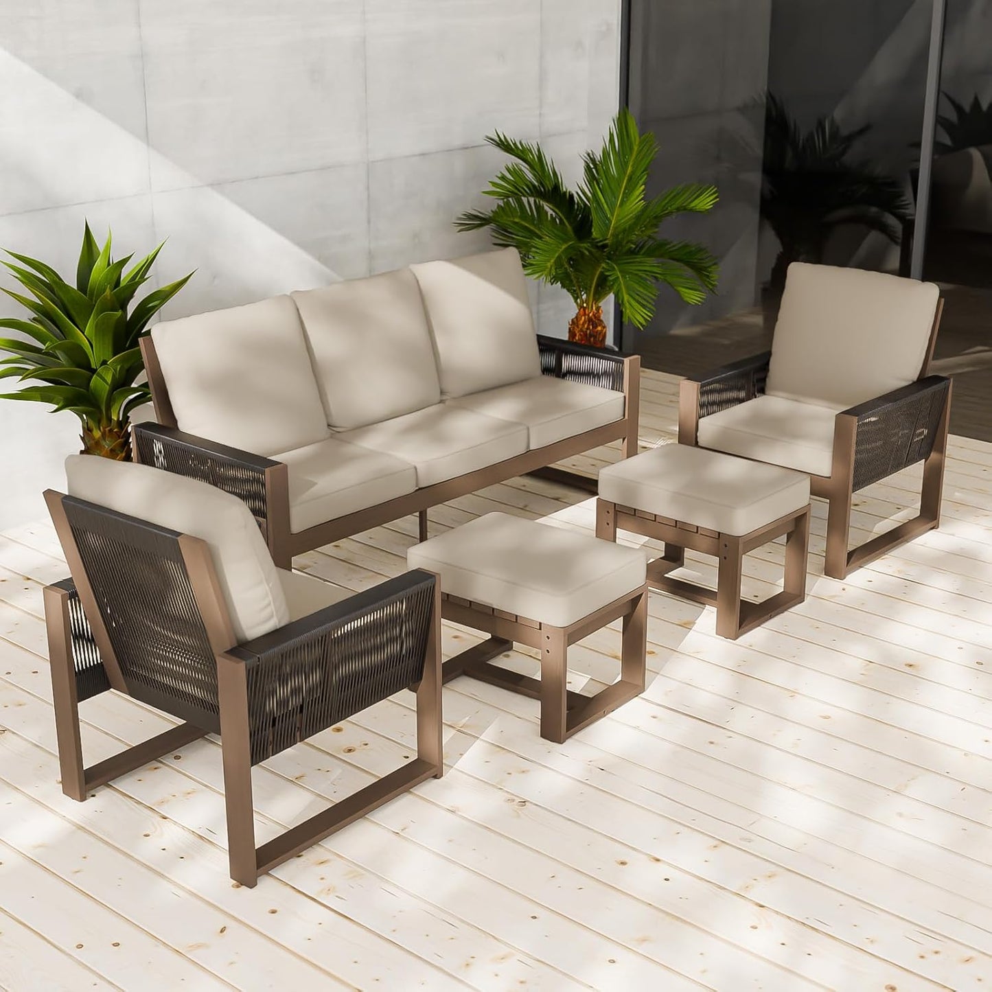 EAGLE PEAK Natural Wood Outdoor Patio Furniture, Cedar Furniture, Conversation Set, Outdoor Seating for Deck Patio Porch, Sofa, 2 Chairs & 2 Ottomans, 5 Pieces, Brown/Beige