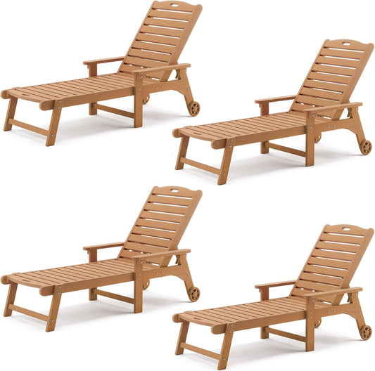 LUE BONA Outdoor Chaise Lounge Chairs Set of 4, HDPS Chaise Lounger, 5 Positions Adjustable Lounge Chairs, Pool Lounge Chair with Wheels for Poolside, 3 Year Warranty, Teak Color