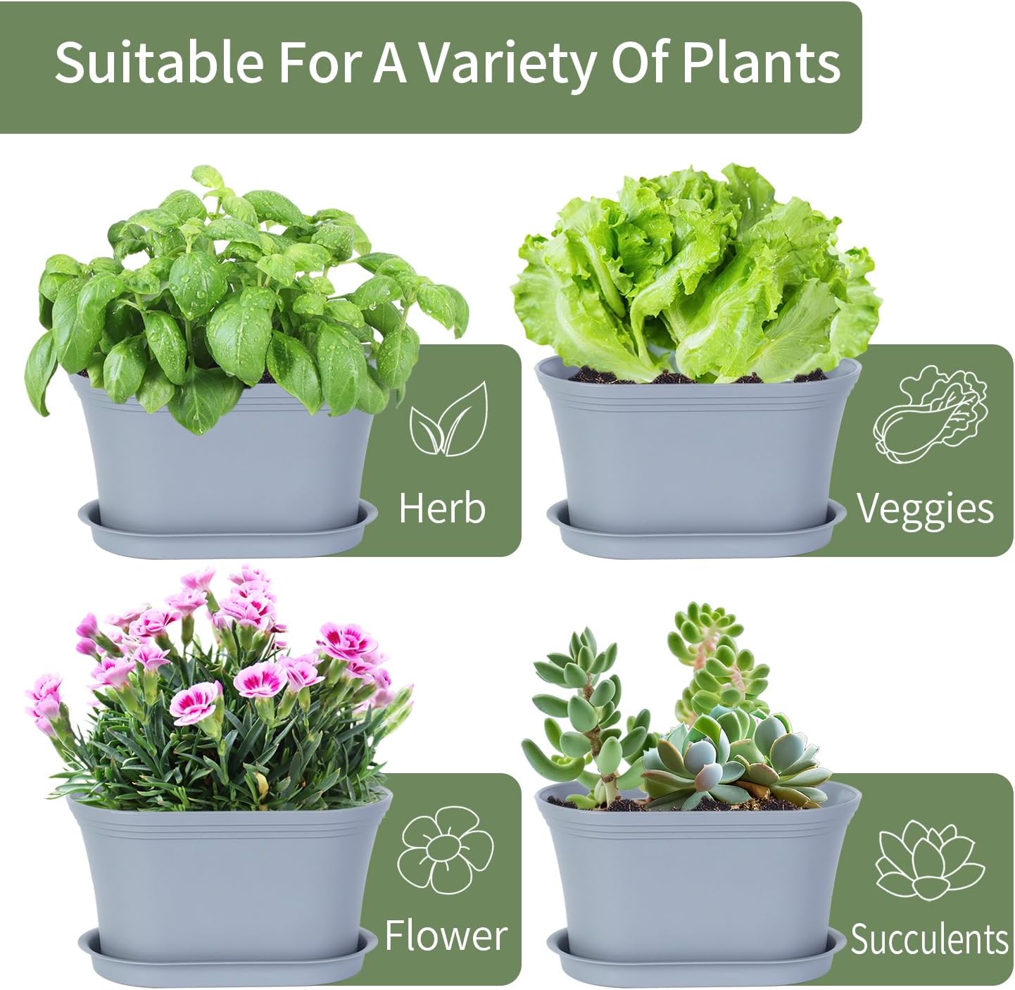 Windowsill Herb Garden Planter with Tray, Set of 6 Grey Oval Farmhouse Garden Pots for Indoor/Outdoor Plants (No Seeds)