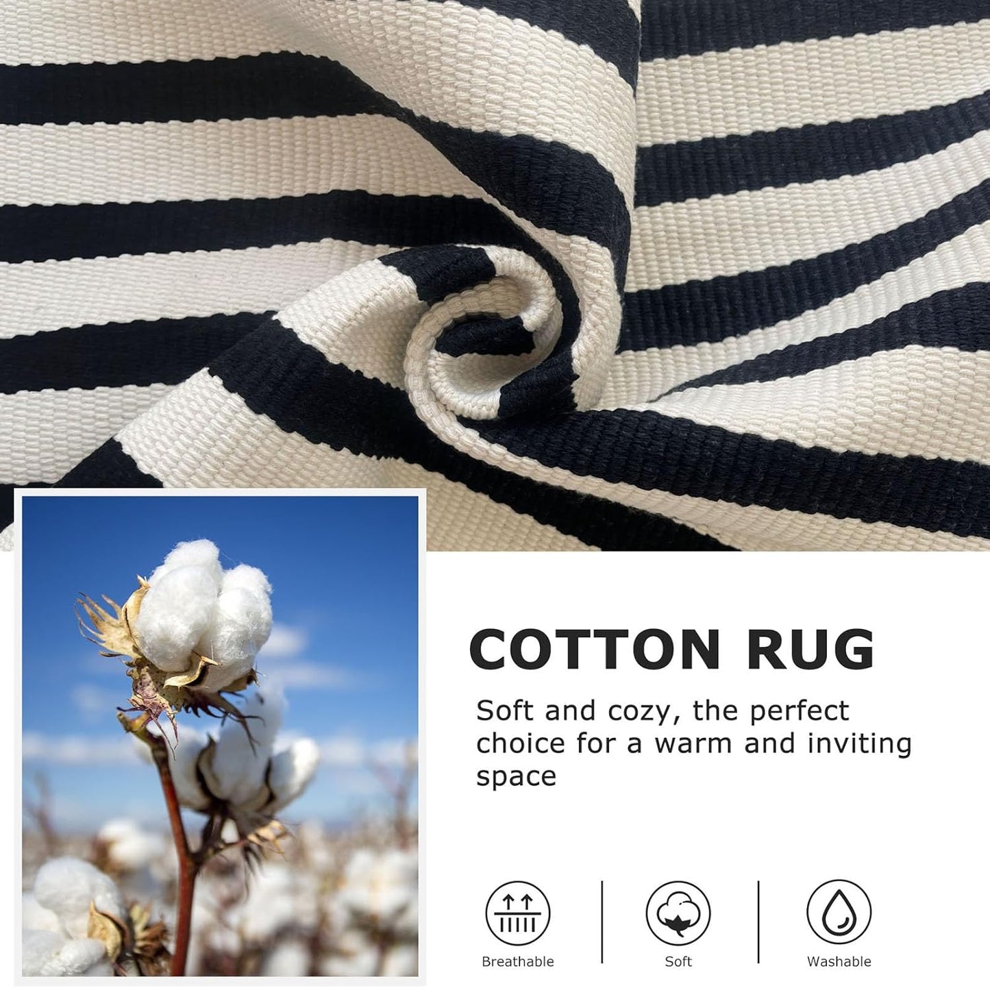 IOHOUZE Black Beige Striped Rug -5'x8' Indoor Outdoor Rug, Washable Area Rug for Living Room, Large Patio Rug, Cotton Striped Rugs for Patio Living Room Bedroom