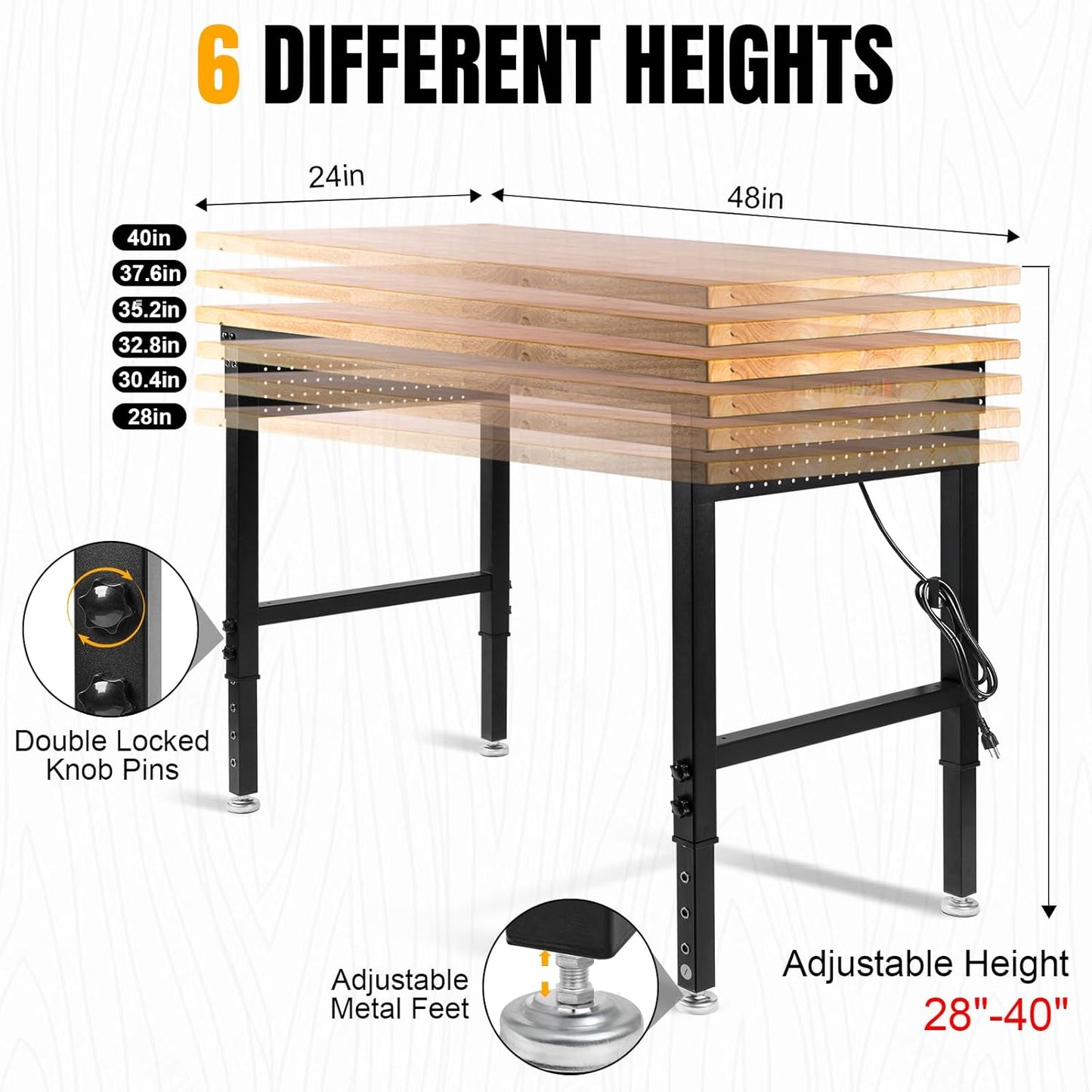 48" L×24”W Adjustable Workbench, 28”-40”Heights Heavy Duty Table 2000 LBS Load Capacity, Work Bench with Power Outlet & Pegboard, Rubber Wood Work Table for Garage, Office, Workshop, Home