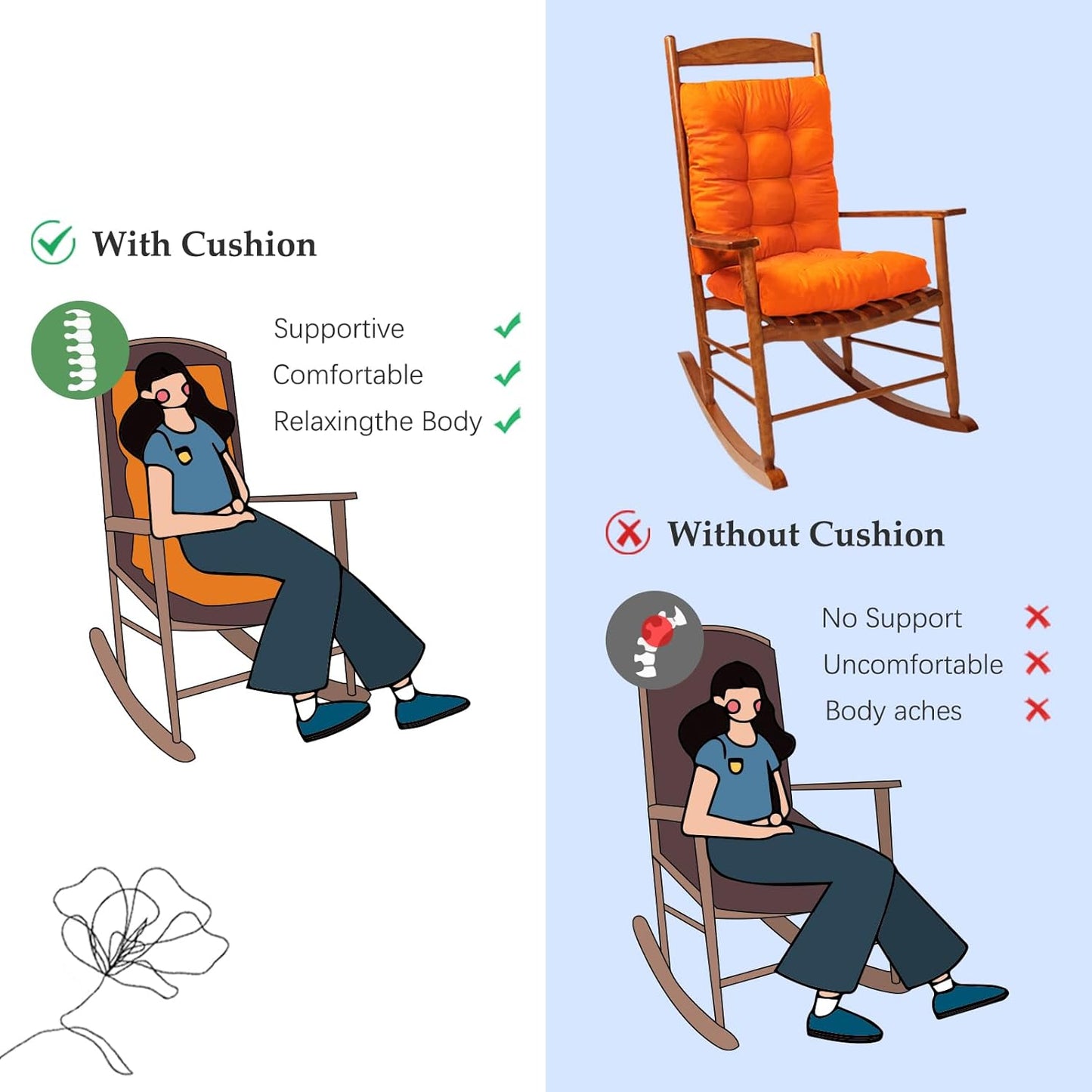 Patio Seat Cushions Set of 1, Indoor Outdoor Furniture Cushions, Tufted Rocking Chair Cushion Pad, Orange