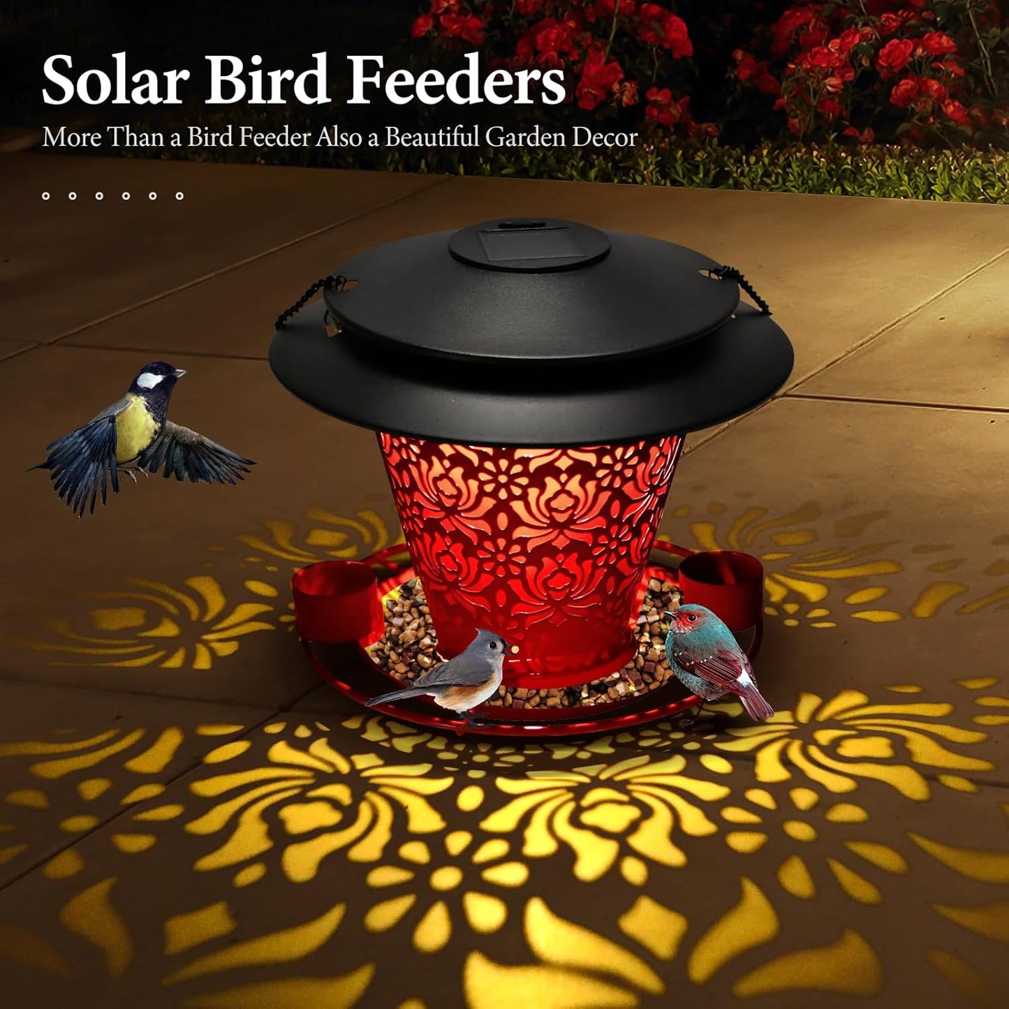 Solar Bird Feeders for Outside Hanging Metal Wild Bird Feeder Solar Lanterns Outdoor Waterproof Garden Decor for Yard red