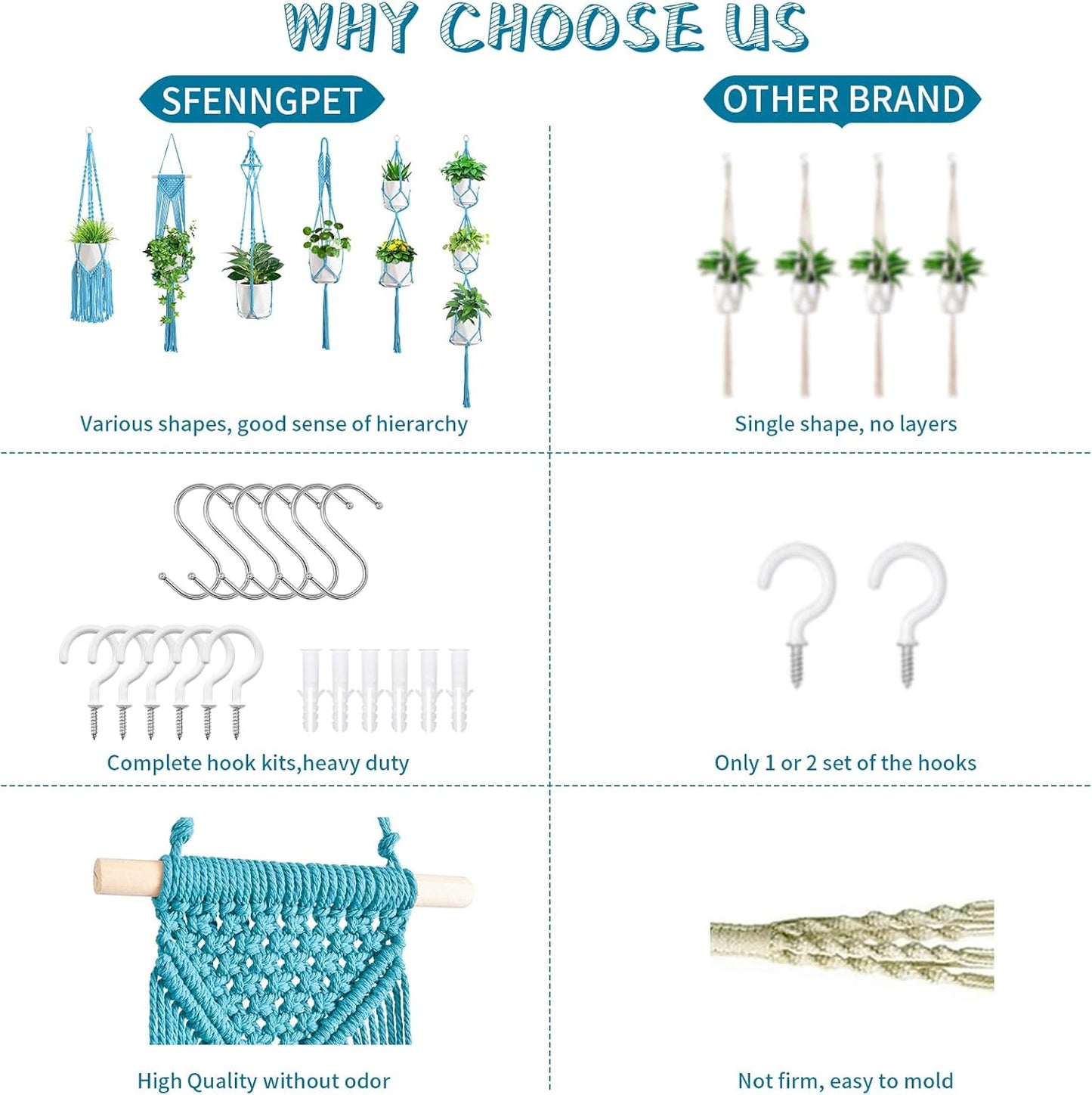 Macrame Plant Hangers, 6Pack Hanging Planters for Indoor Plants w/ 6 Set Hangers Kit Handmade Macromay Plant Hangers Indoor Flower Pots Holder Stand for Boho Home Décor (POTS NOT Included)