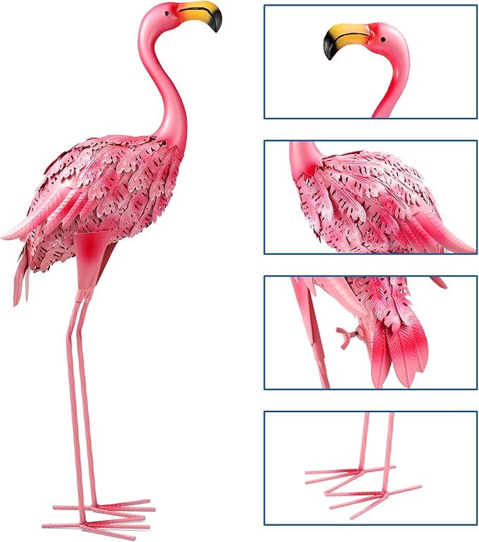 Garden Statues Flamingo Sculptures Metal Yard Art, Pink Bird Art Outdoor Backyard Decor Patio Lawn Porch Ornament Flamingo Yard Decoration (Pink with White)