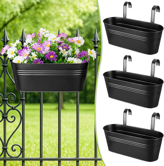 3 Pcs Large Balcony Planters Railing Hanging Flower Pots- 16.2 Inch Metal Railing Planter Box Fence Planters for Outdoor Plants with Detachable Hooks and Drain Holes for Garden Decor (Black-16.2inch)
