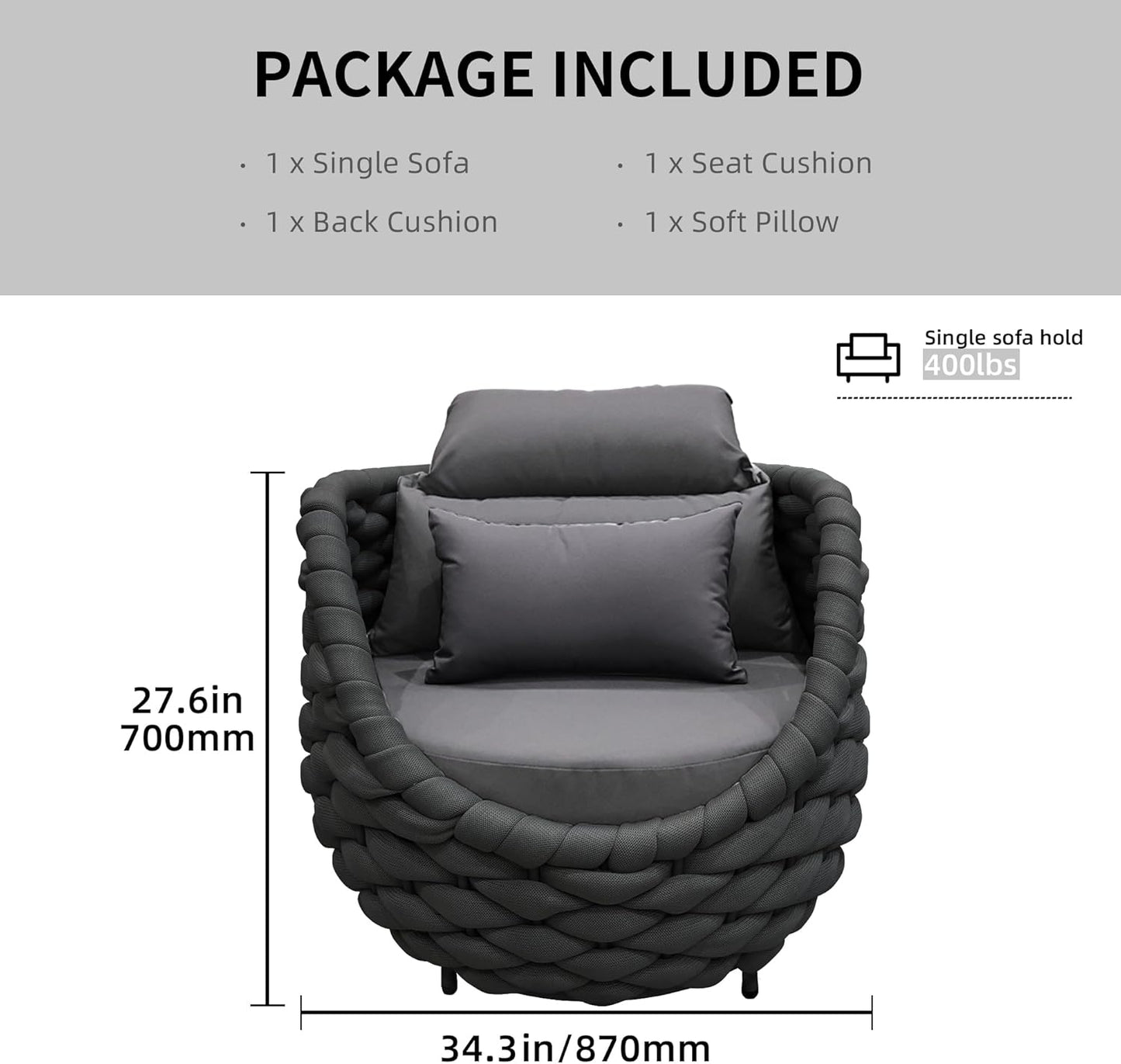 TWT 4 Pieces Patio Sofas All-Weather Rope Balcony Furniture with Cushions & Pillows, Patio Couch Outdoor Patio Furniture Set for Indoor, Balcony, Backyard, Poolside, Dark Grey