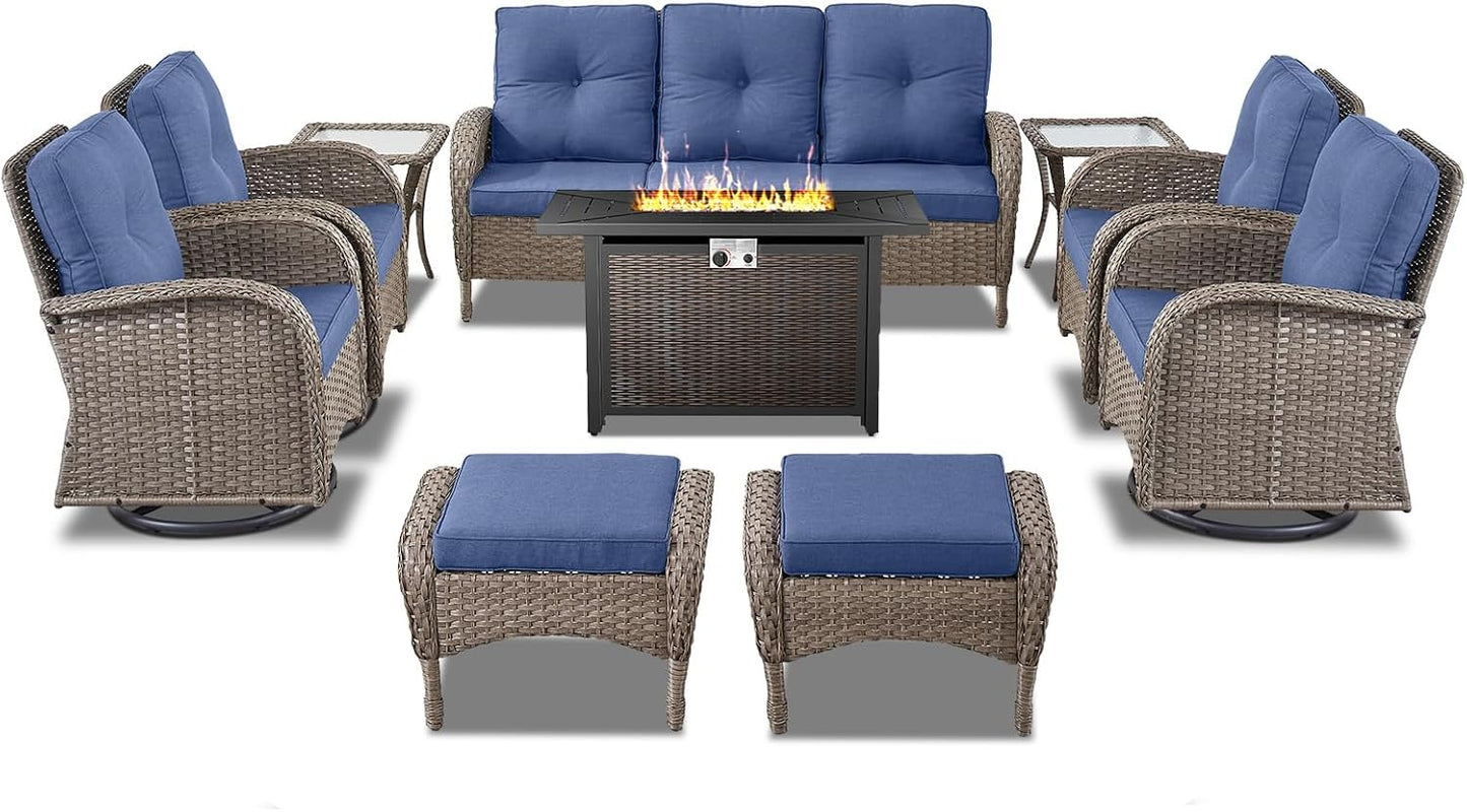 Expansive 10 Pieces Outdoor Patio Furniture Set with 43” Propane Fire Pit Table, Patio Conversation Set with Swivel Rocker Outdoor Chairs Set of 4 and Sofa, Ottoman and Wicker Side Table
