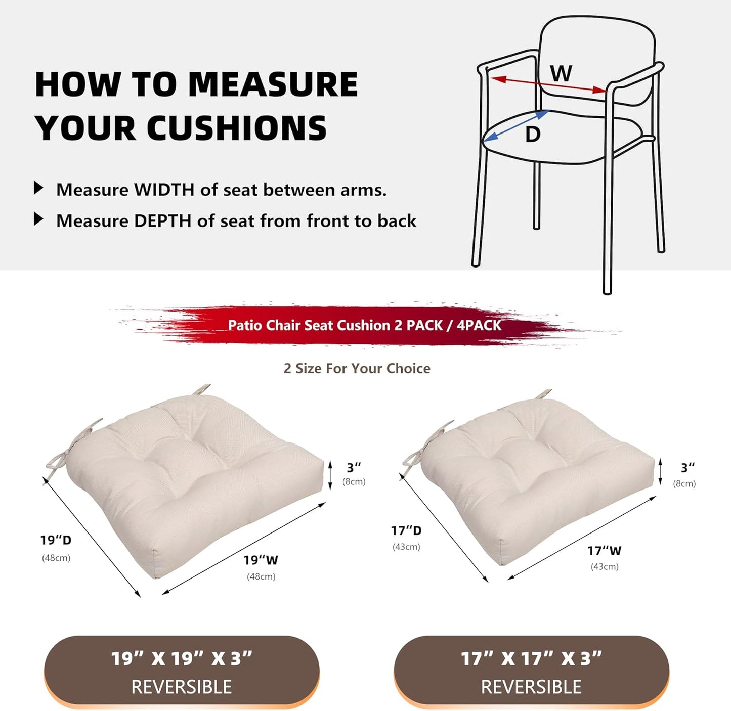 RACE LEAF Outdoor Cushions 17" x 17" Patio Chair Seat Pads, Set of 2 Thick Fill Tufted Square Patio Cushions, Water-Resistant Olefin Chair Seat Cushion with Ties for Non-Slip Support, Beige