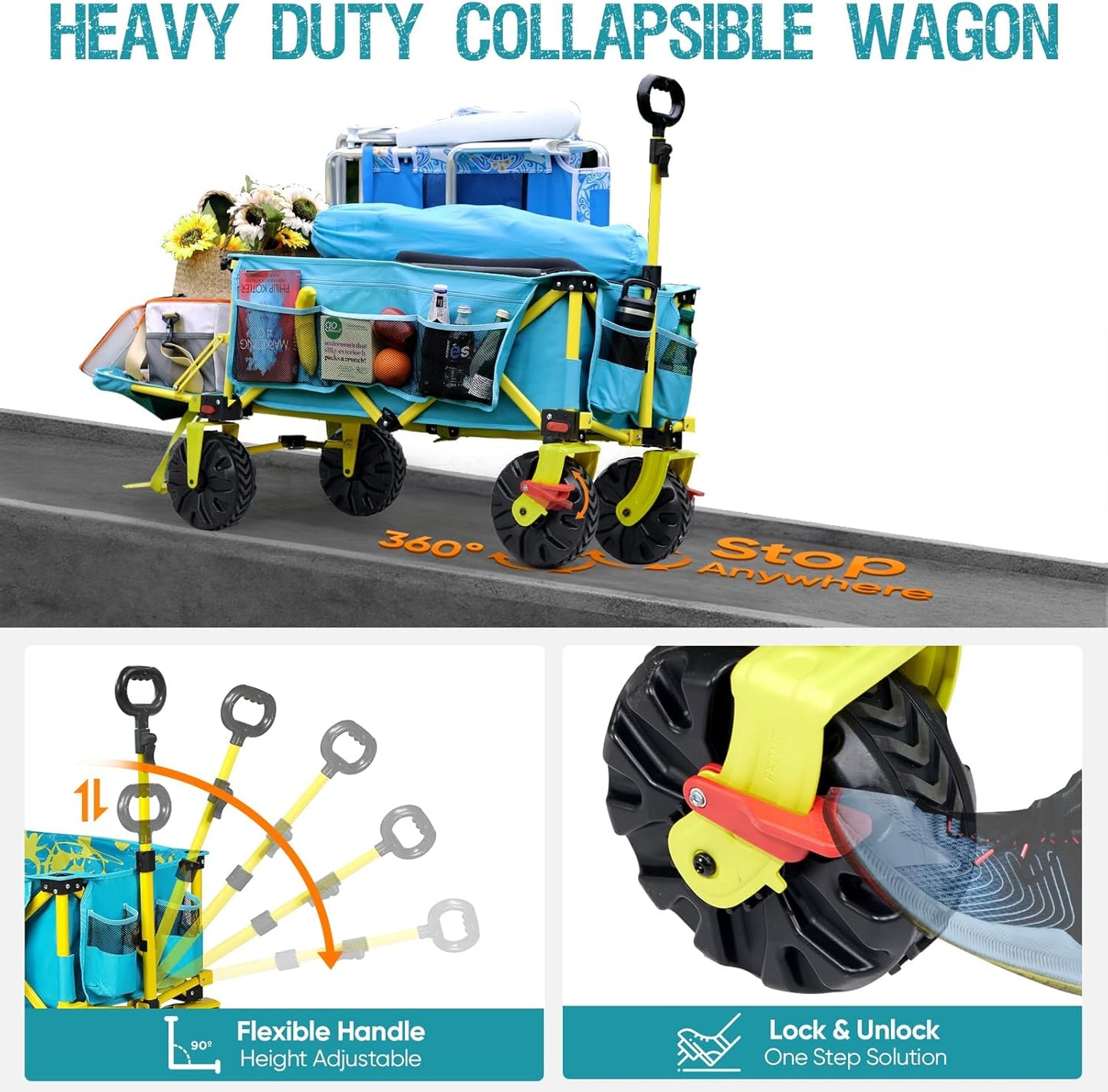 49" L Extra Long Beach Wagon with Tailgate,Big Wheels with Brake for Sand, Collapsible Utility Beach Cart Heavy Duty Folding Wagon,Ideal for Outdoor Sand Camping Garden Pet