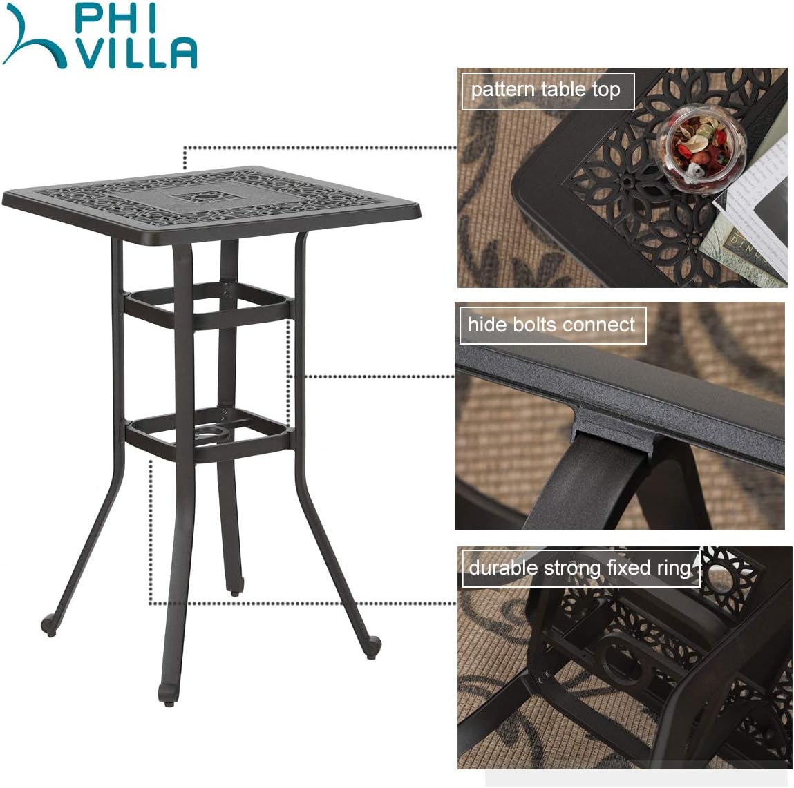 PHI VILLA Cast Aluminum Outdoor Patio Bar Tables, Outdoor Frosted Surface Square Bar Height Bistro Table - 42" Pub Height