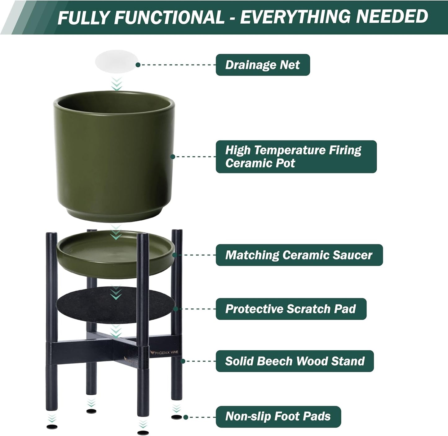 D'vine Dev Ceramic Planter with Ebony Stand - 10 Inch Modern Round Flower Pot with Wood Planter Holder, Olive, 55-B-L-J