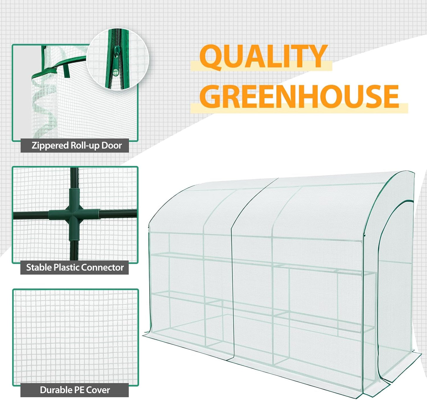 EAGLE PEAK 3 Tier Lean to Portable Greenhouse, Heavy-Duty Indoor & Outdoor Garden with Wire Shelves, 2 Roll-Up Zipper Doors, Easy Assembly, 120"x60"x84" Clear/White PE Cover
