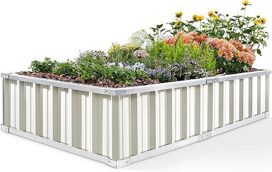 KING BIRD Raised Garden Bed 68"x 36"x 12" Galvanized Steel Metal Outdoor Garden Planter Box Kit with 2 Pairs of Gloves (Ivory)
