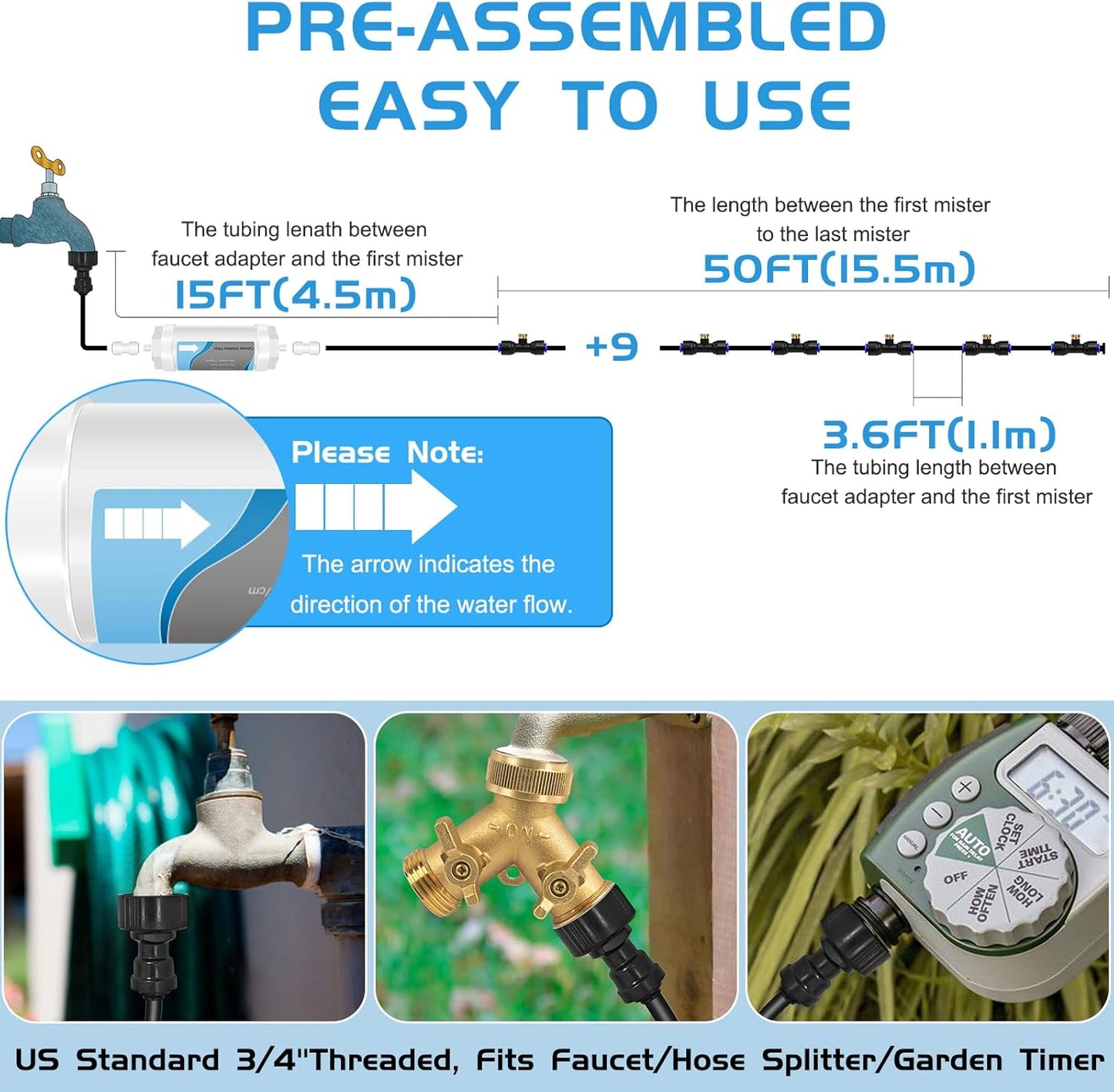 Misting System with Water Filter - Upgraded Signice 65 Ft (20M) Line & 15 Brass Mist Nozzles Outdoor Misters for Patio Cooling Mister Systems Kit for Outside Garden Backyard Greenhouse (Black)