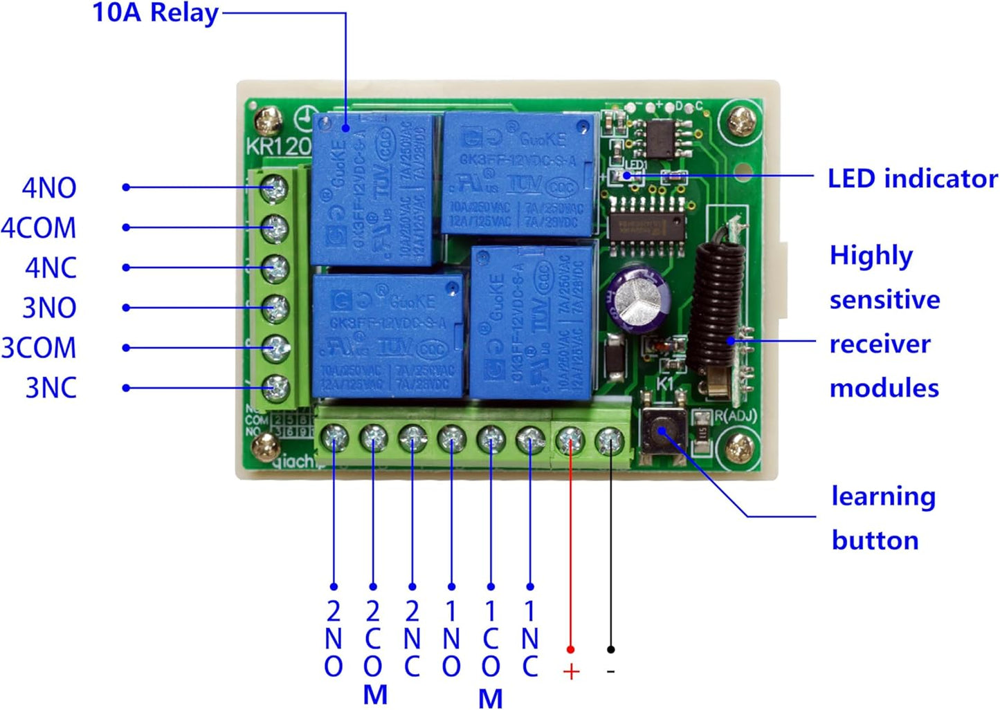 QIACHIP Universal 12V 4CH Wireless Relay Remote Module Switch RF 433Mhz with Remote Control Key Fob 2 Transmitters 1 Receiver for Light Garage Door Electric Gate,Momentary Toggle Latched(KR1204)